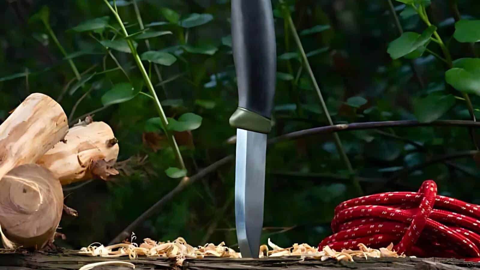 A knife is embedded in a log surrounded by wood shavings, showcasing a scene of careful preparation. A red rope is coiled nearby, echoing the prep smart mindset against the backdrop of green foliage.