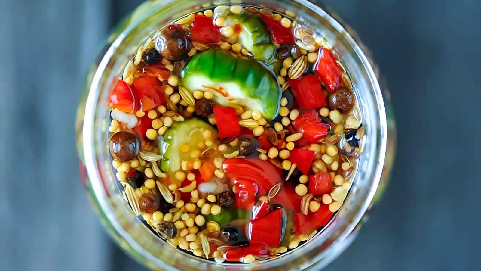 Top view of a jar filled with pickled vegetables, including cucumber, red peppers, and various seeds and spices.