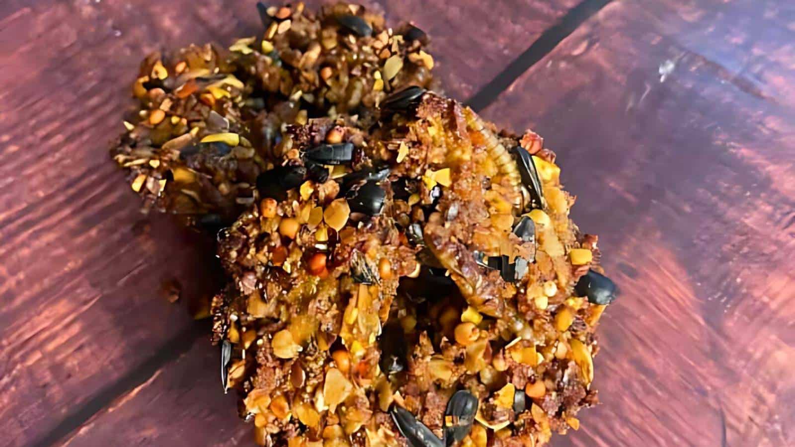 A close-up of three nut-seed clusters on a wooden surface, showcasing a mixture of various nuts and seeds bound together.