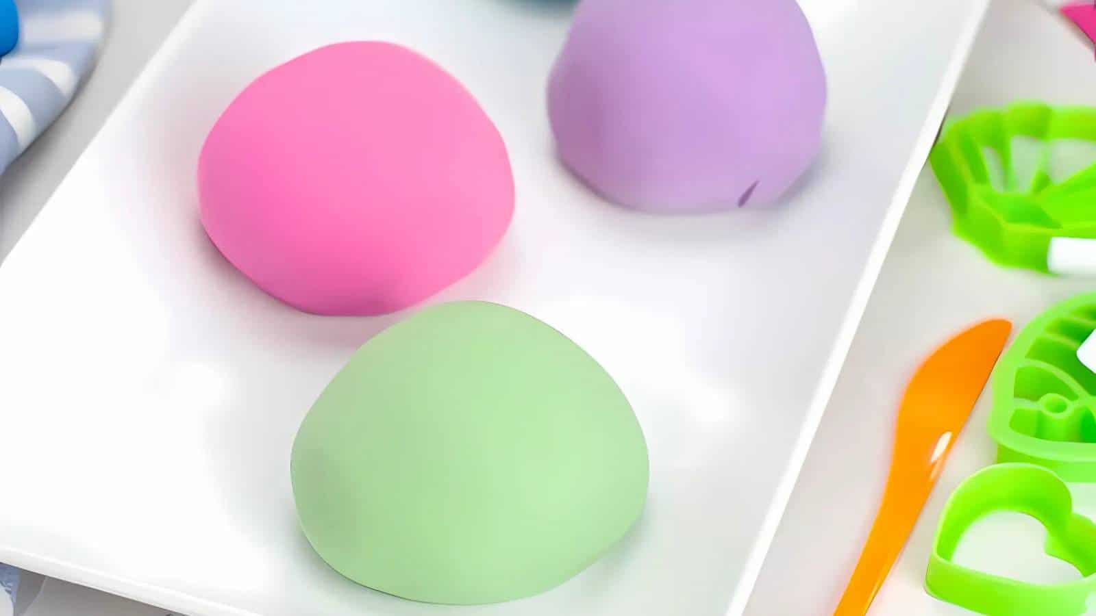 Colorful playdough balls in pink, purple, and green on a white tray, with plastic cutters and a spoon nearby.