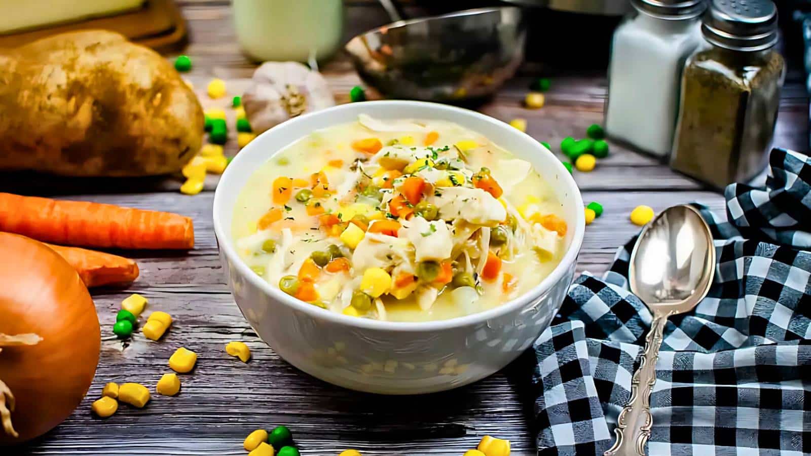A bowl of creamy chicken and vegetable soup on a wooden table, surrounded by peas, corn, a potato, onion, carrot, salt and pepper shakers, a spoon, and a checkered napkin.