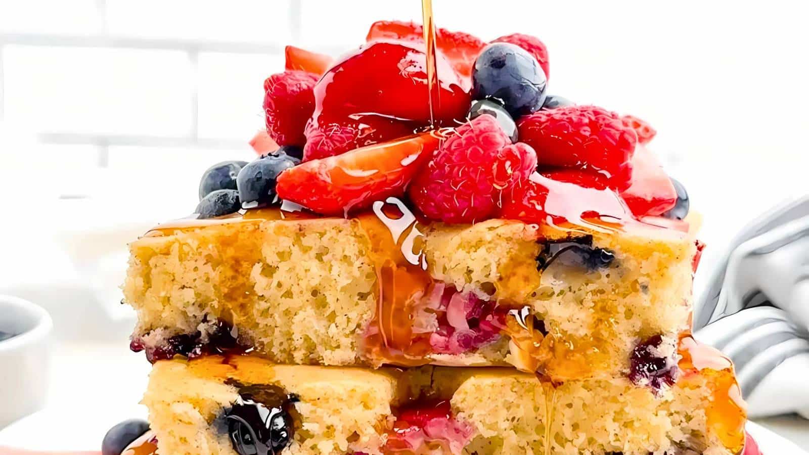 Stack of pancakes topped with strawberries, raspberries, blueberries, and syrup.