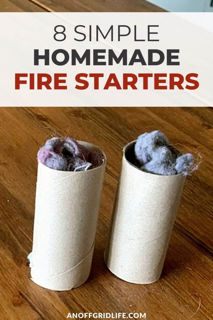 two toilet paper cardboard tubes stuffed with lint, text overlay "8 simple homemade fire starters"