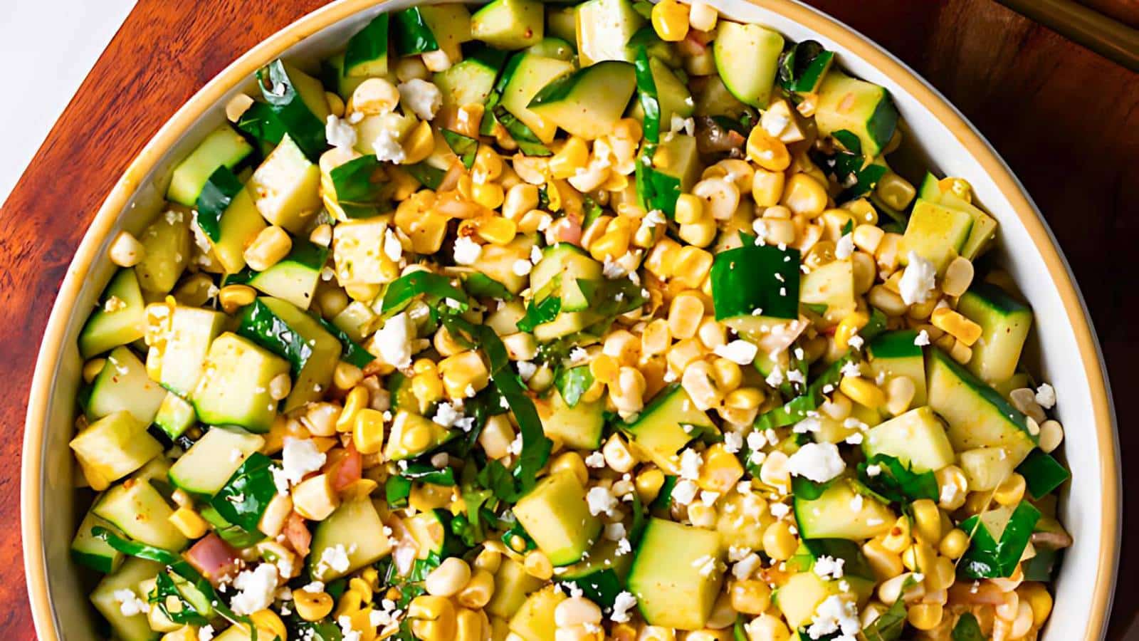 A bowl filled with a salad of diced zucchini, corn kernels, chopped greens, and crumbled cheese.