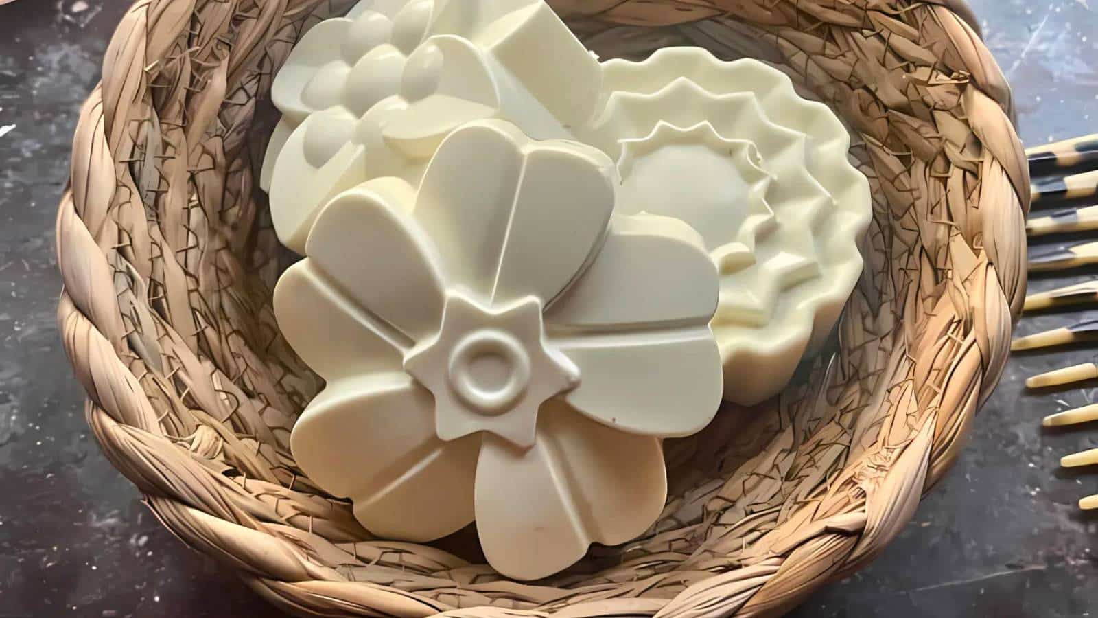 Three white, flower-shaped soaps in a woven basket on a dark marble surface.