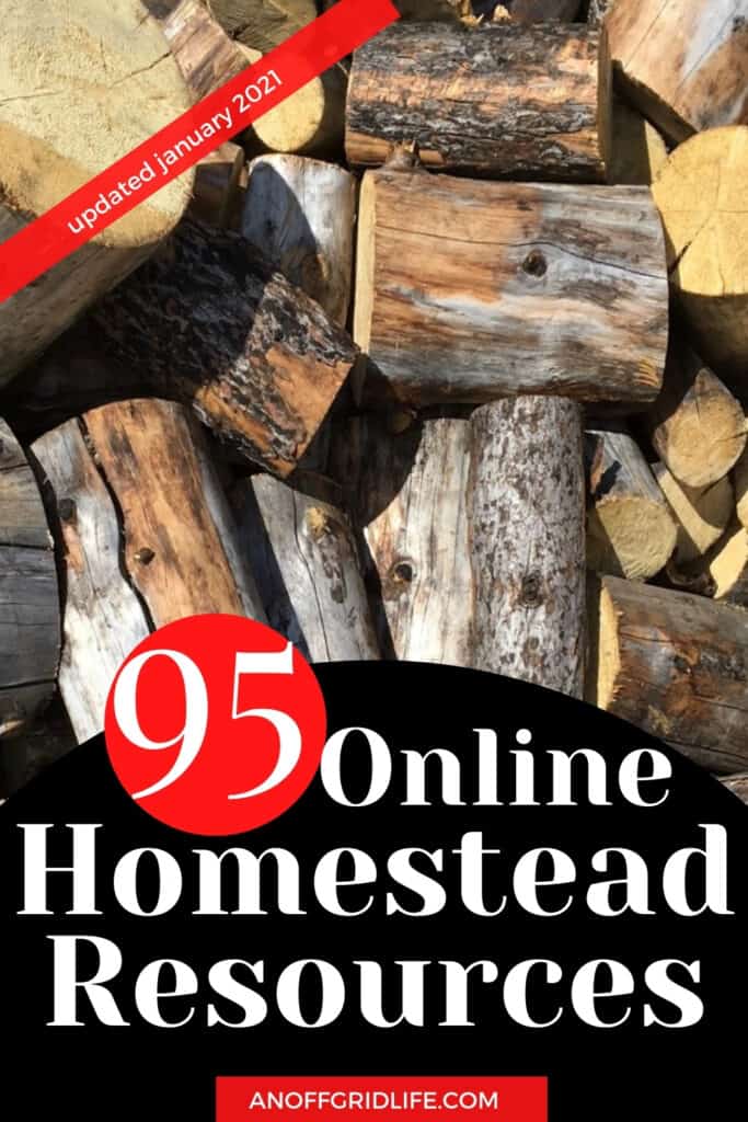 Stacked logs in the background with text overlay: "95 Online Homestead Resources," featuring homesteading courses, and a red banner stating "updated January 2021." Website: anoffgridlife.com.