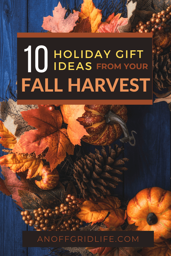 A pinterest image with the title 10 holiday gift ideas from your fall harvest, written on an orange and brown fall wreath on a dark blue wooden door.