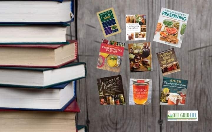 A stack of books on the left and nine best canning and preserving books arranged vertically on the right side against a wooden background.