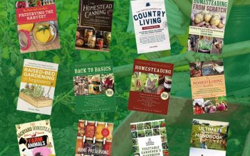 20 homesteading book covers on background green farm field image