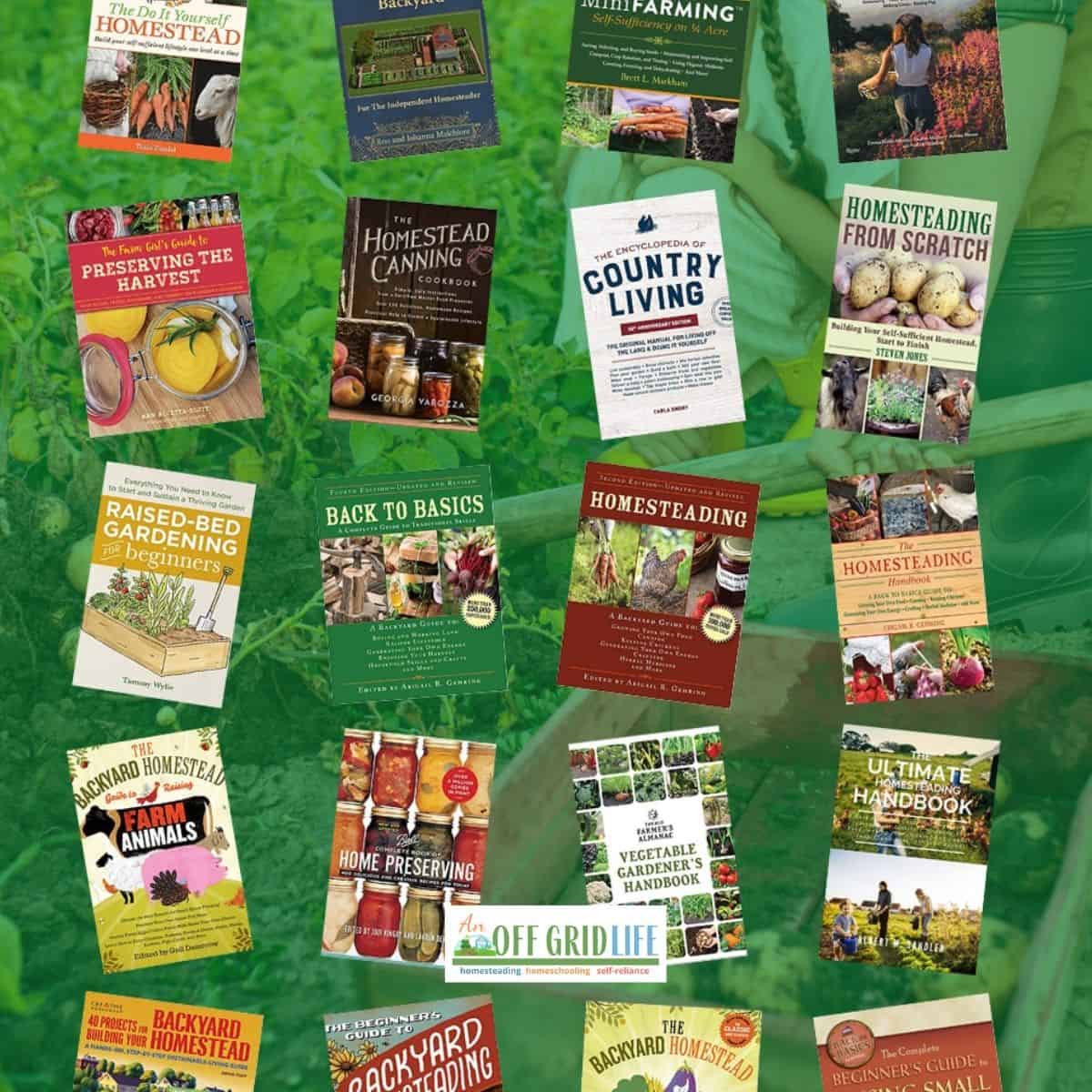 20 homesteading book covers on background green farm field image