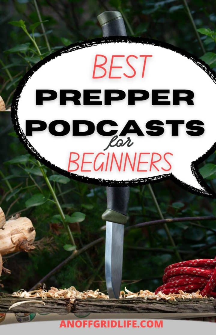 Promotional image for "best prepper podcasts for beginners" featuring a knife embedded in wood surrounded by rope and foliage.