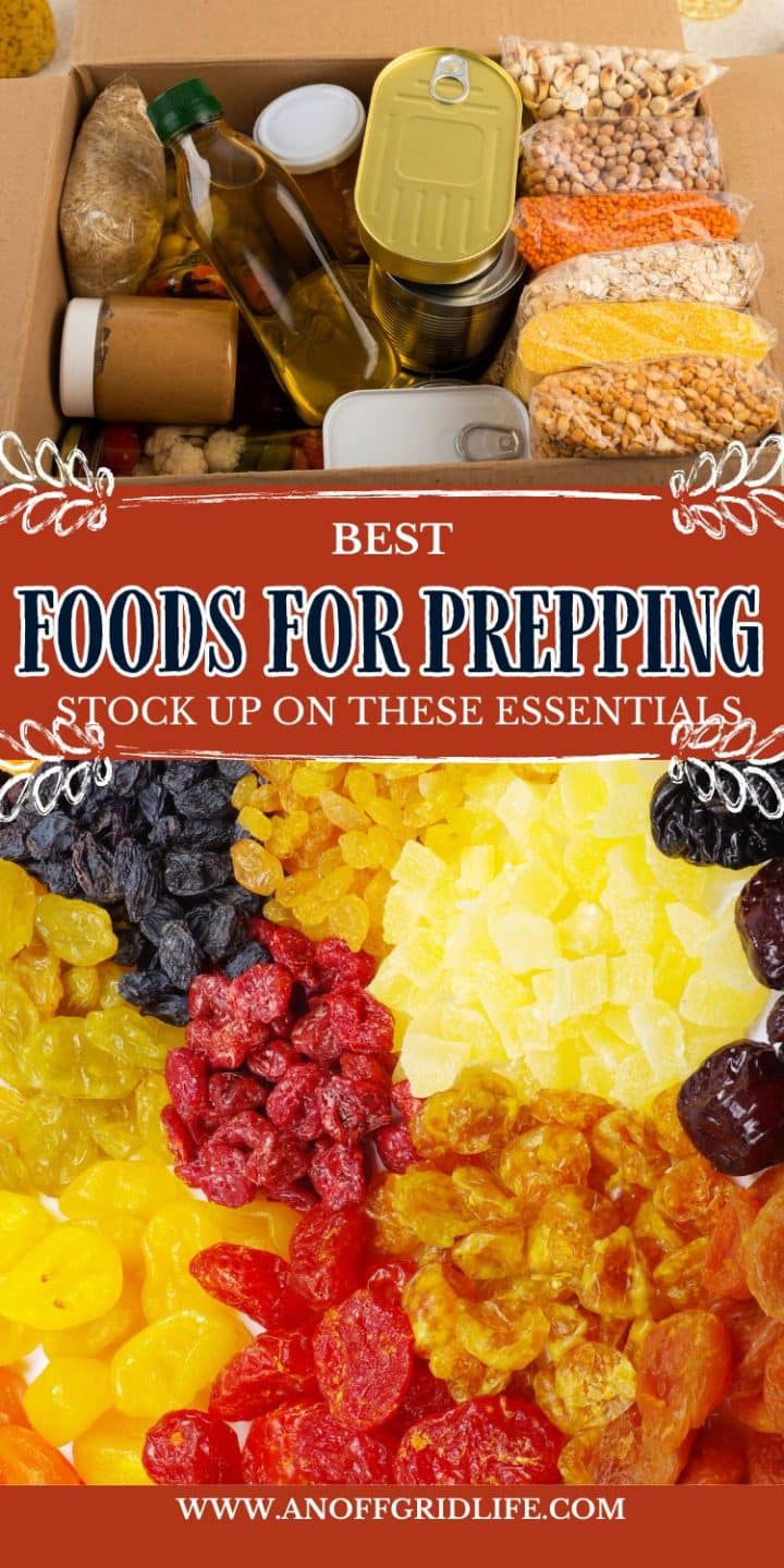 Image of a box containing various food items like grains, beans, oil, and canned goods, along with assorted dried fruits. Text on image reads: "Best Foods for Prepping: Stock up on these essentials.