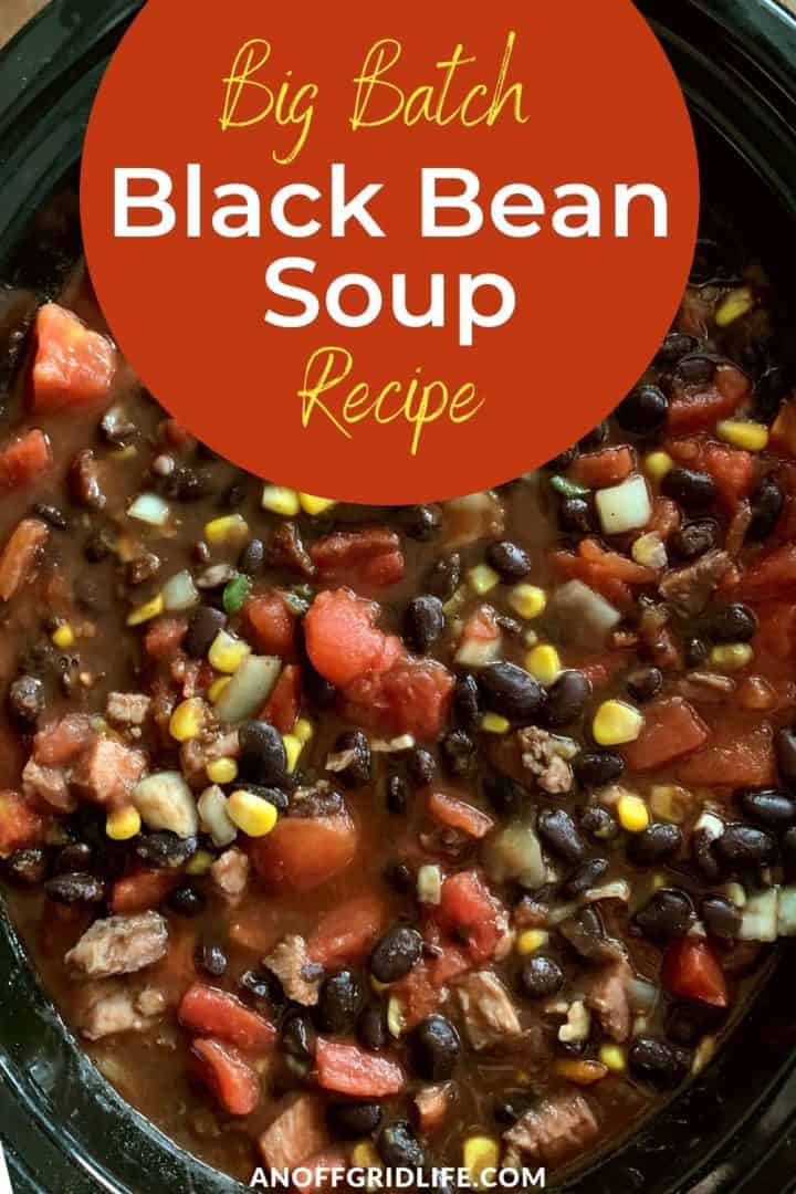 a pinterest image of a black bean soup in a slow cooker with text overlay "big batch black bean soup recipe"
