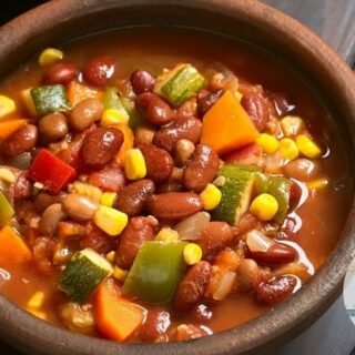 Bowl of three bean chili with vegetables including celery, peppers, carrots and corn