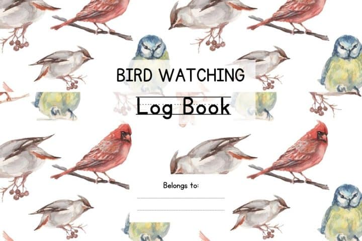 Bird watching log book cover featuring watercolor illustrations of various birds and spaces for the owner's name.