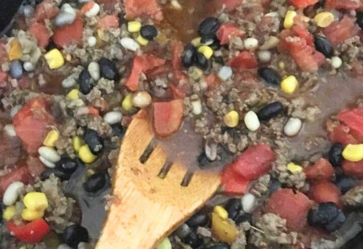 Black bean chili soup with corn.