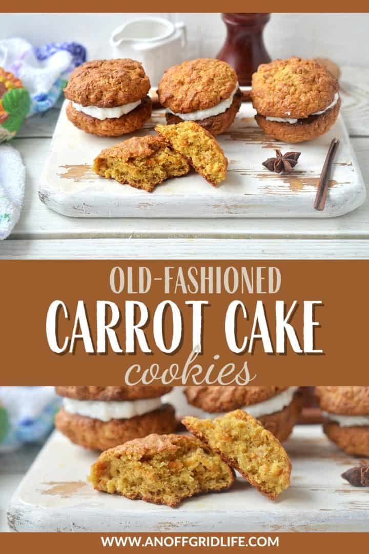 Old Fashioned Carrot Cake Cookies text on image of cookies on a plate