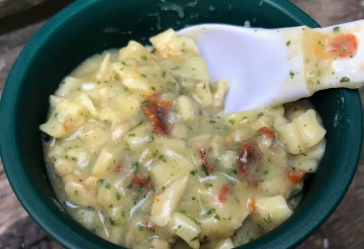 Camp kitchen utensils and cookware.