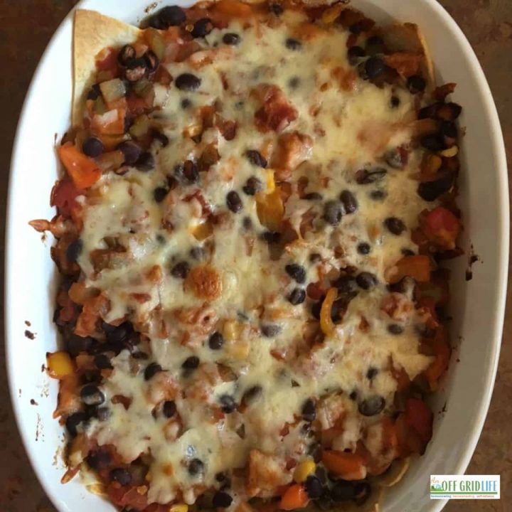 a chicken black beans salsa corn casserole in a white dish from above