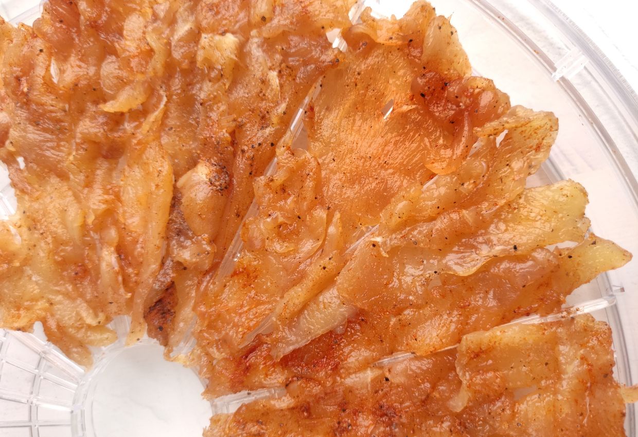 Chicken strips on dehydrator.