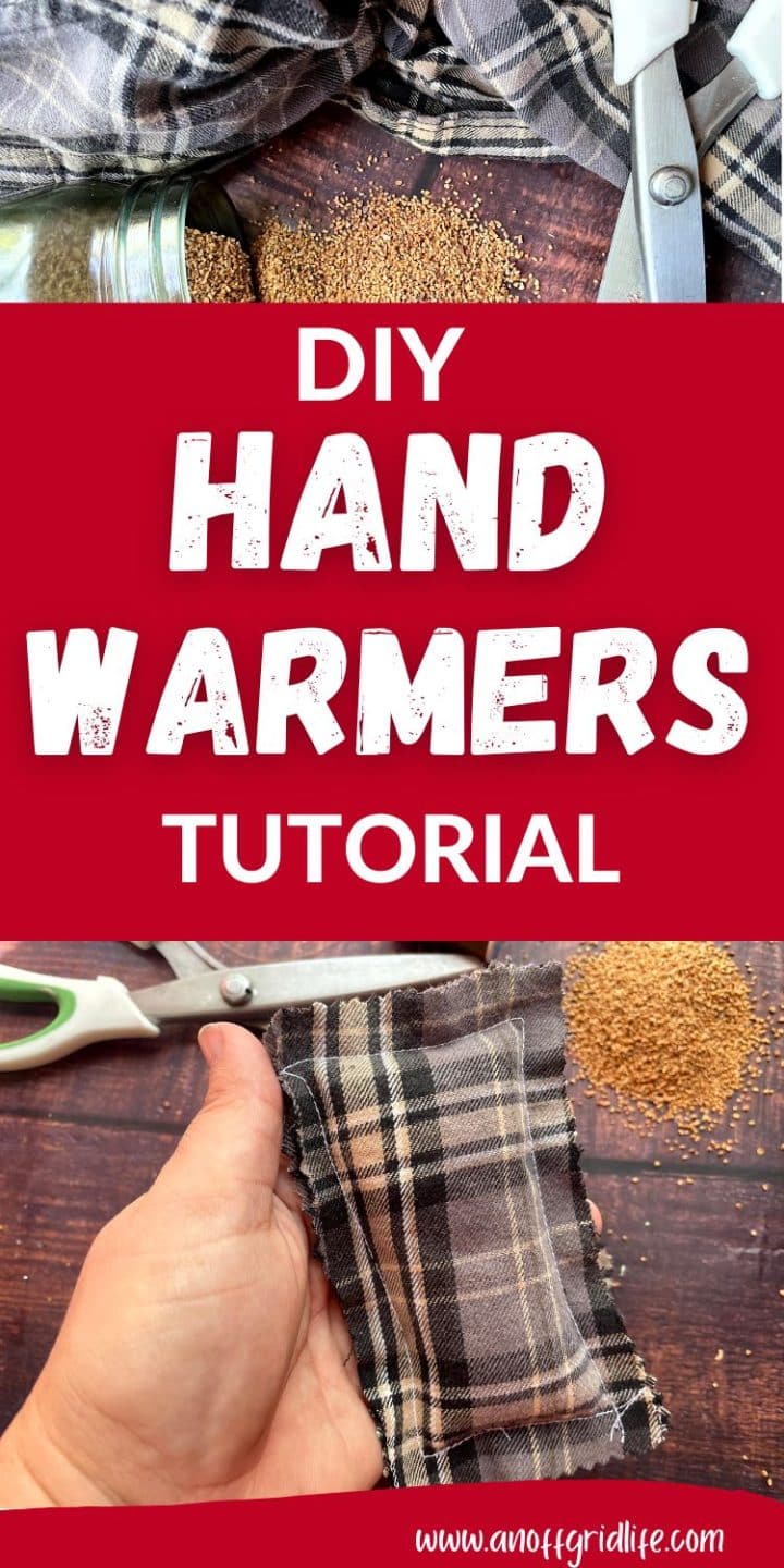 Plaid fabric, scissors, and seeds on a table. Text reads: "DIY Hand Warmers Tutorial" with a website link at the bottom.
