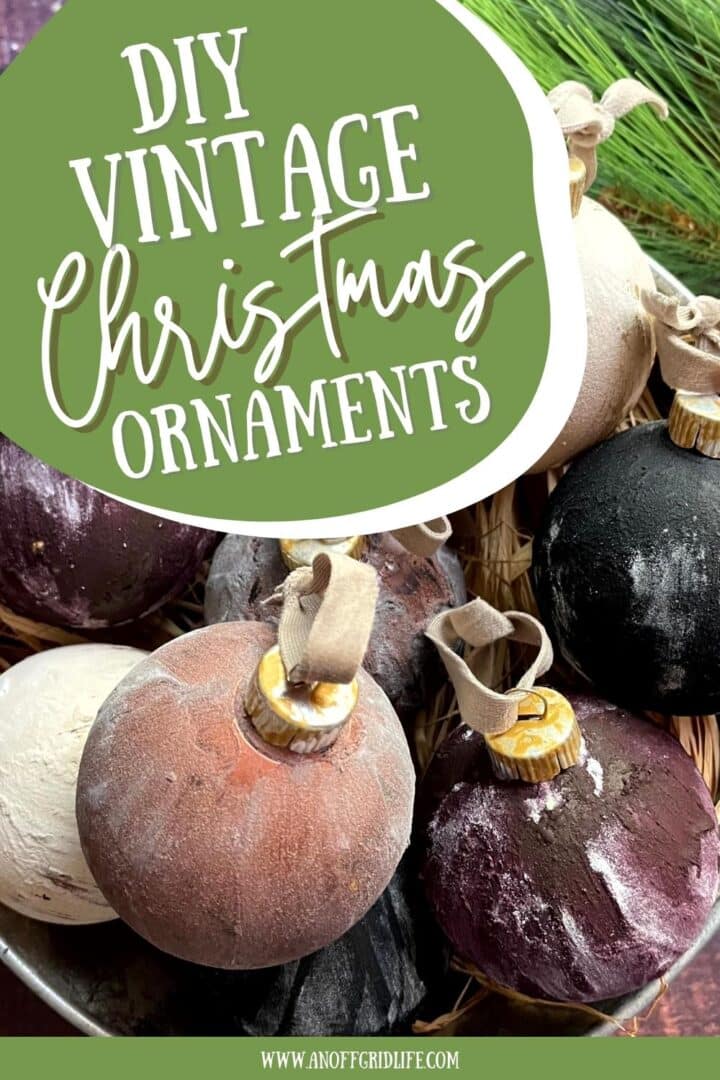 Vintage christmas ornaments in a bowl with the text diy vintage christmas ornaments.