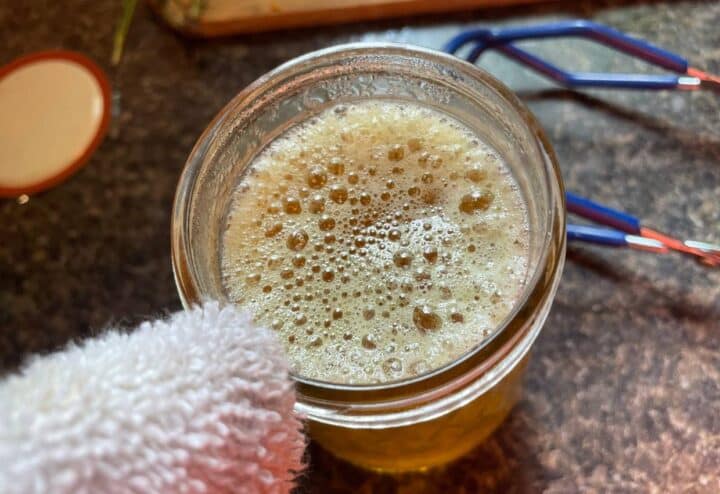 Dandelion jelly ready for water bath canning