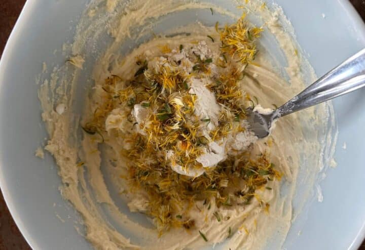 Dandelion petals and leaves in cookie dough.