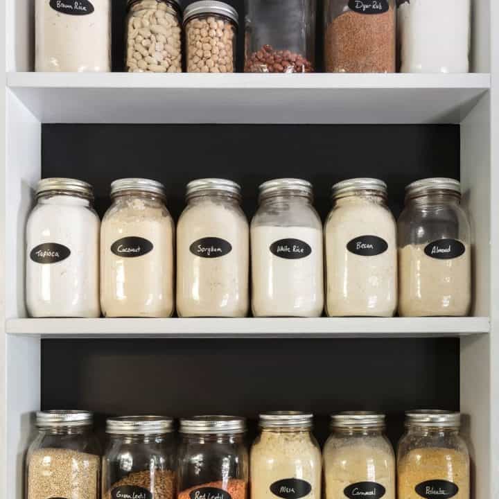 Dried goods stored in a prepper pantry.
