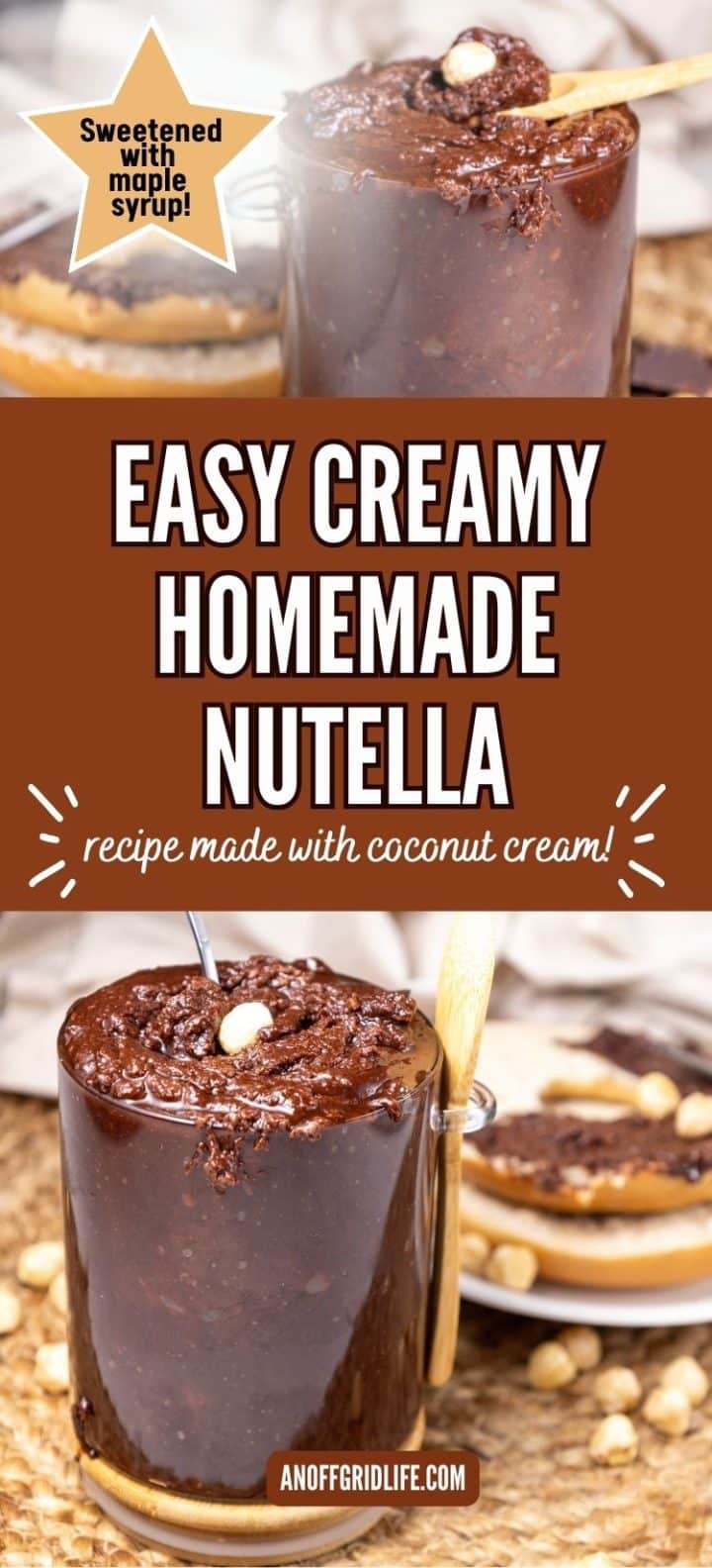 A glass jar filled with creamy Nutella made with coconut cream and sweetened with maple syrup. A spoon is sticking out of the jar. A sandwich with spread is in the background.