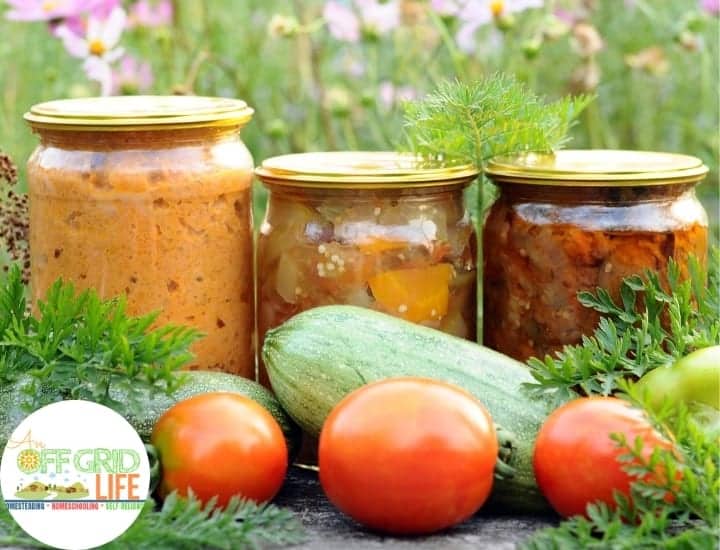 Canned vegetables in jars with fresh vegetables outdoors