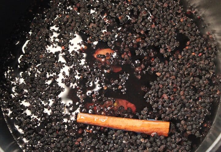 A pot filled with blackberries and a cinnamon stick.