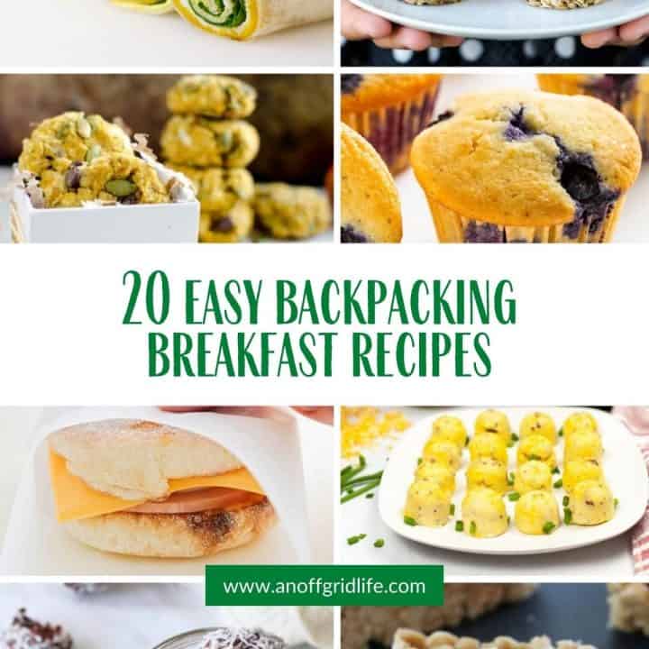 20 easy backpacking breakfast recipes text overlay on collage image of breakfasts