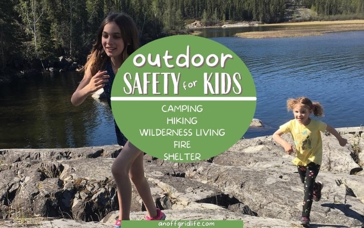 Two children run on rocky terrain by a lake surrounded by trees. A circular sign in the center highlights outdoor safety for kids: camping, hiking, wilderness living, fire, and shelter.
