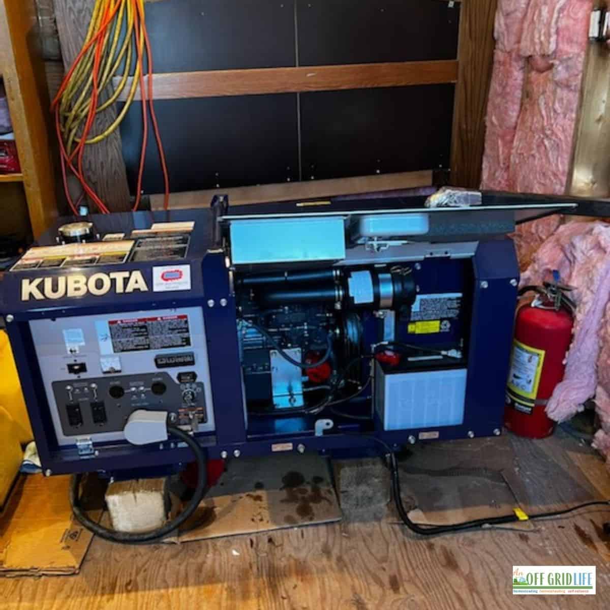 a picture of a blue kubota generator in a generator shed