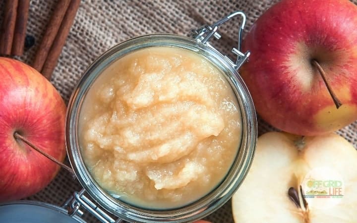 Homemade applesauce in a mason jar on a wooden tabletop with a sliced apple and cinnamon sticks