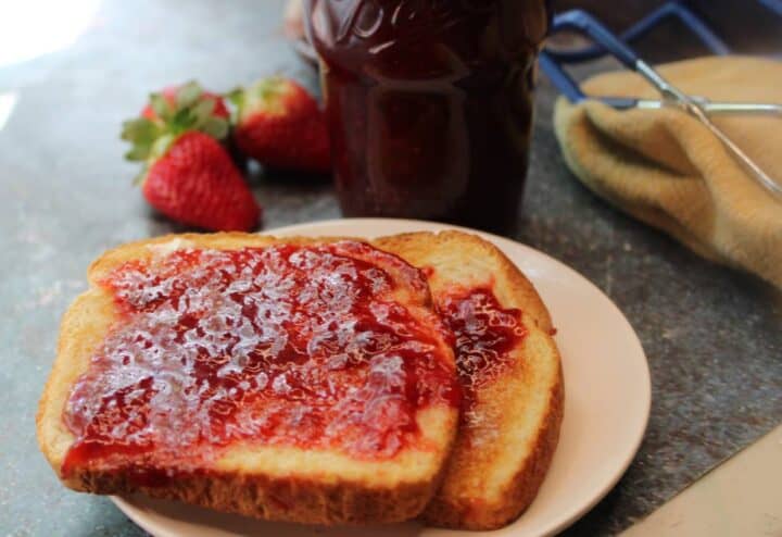 Homemade strawberry jam on toast.