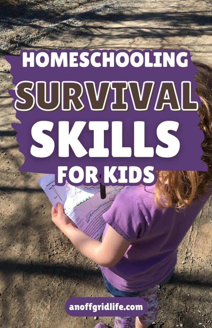 A child wearing a purple shirt holds a map outdoors. Text overlay reads, "Homeschooling Survival Skills for Kids." Website anoffgridlife.com is at the bottom.