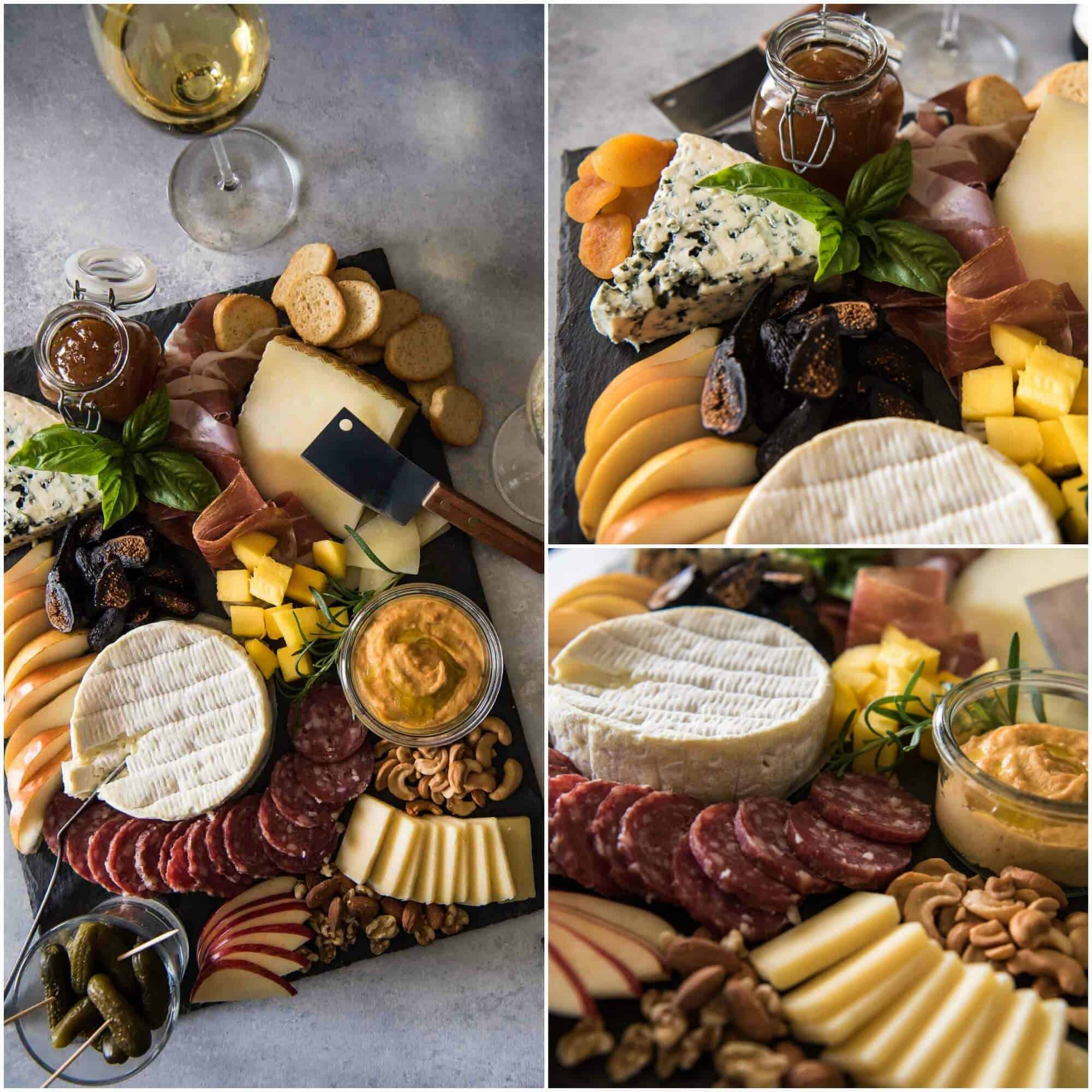 Three views of a charcuterie board with assorted cheeses, cured meats, sliced apples, nuts, crackers, spreads, and a glass of white wine—a perfect idea for homemade food gifts on a light surface.
