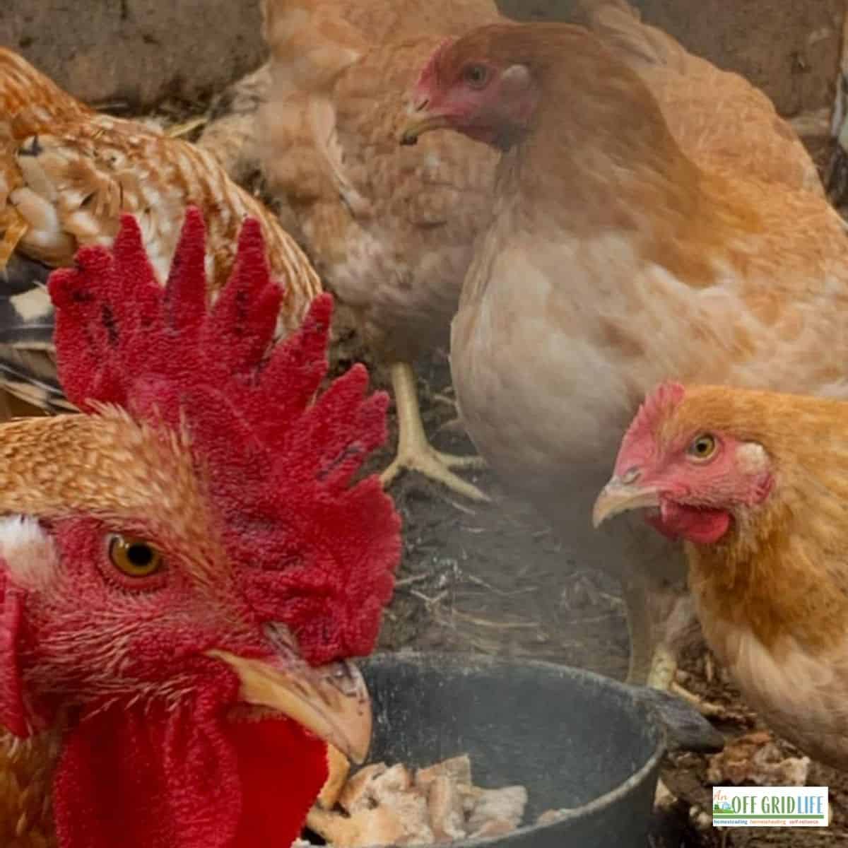 a group of light brown chickens and a rooster in a pen eating out of a black cast iron pot.