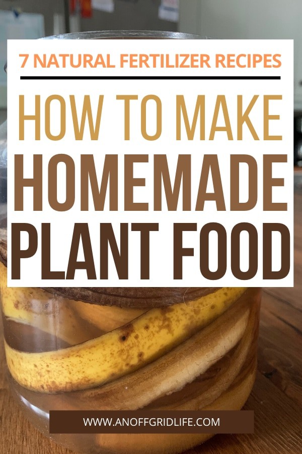 Text overlay of How to Make Homemade Plant Food: 7 Easy Natural Fertilizer Recipes over image of banana peels in a jar of water on a wooden counter