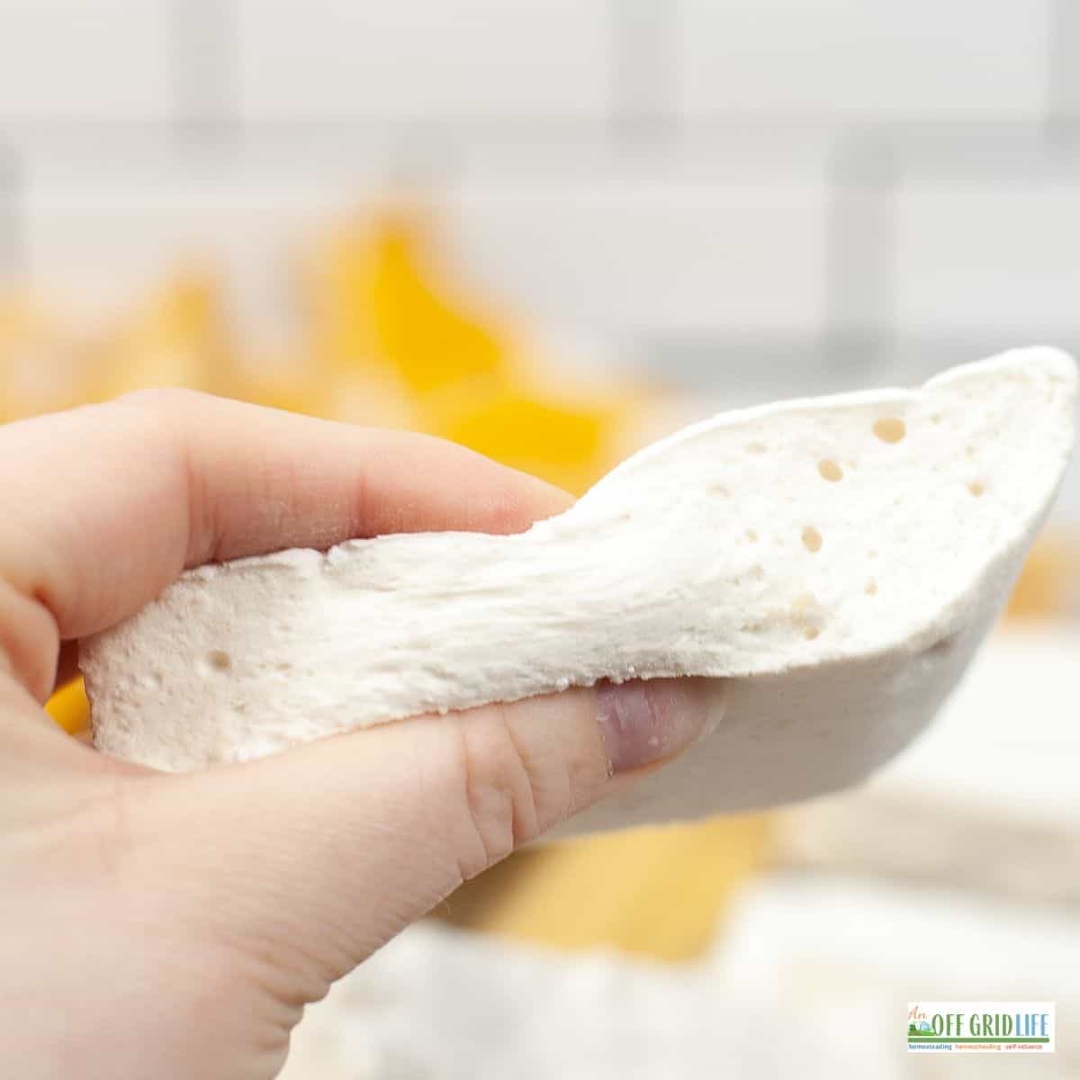a hand holding a small square of homemade marshmallow