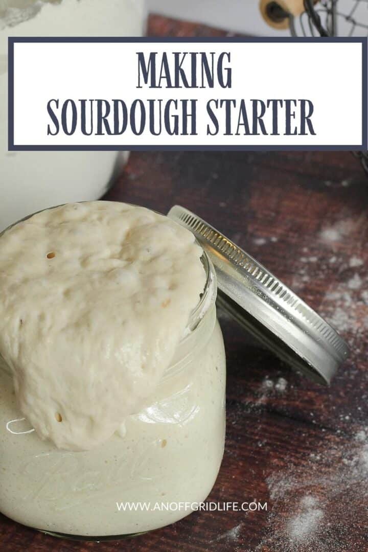 How to Make Homemade Sourdough Starter text ovelay on image of sourdough starter overflowing glass jar