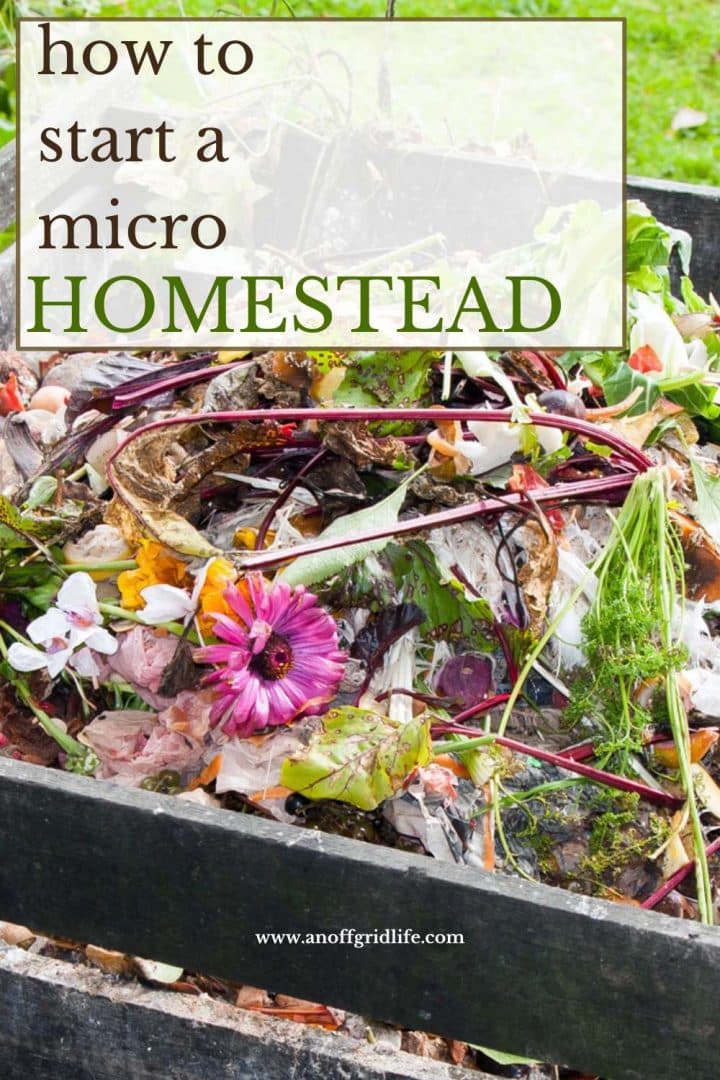Micro homesteading text overlay on image of compost in a bin.