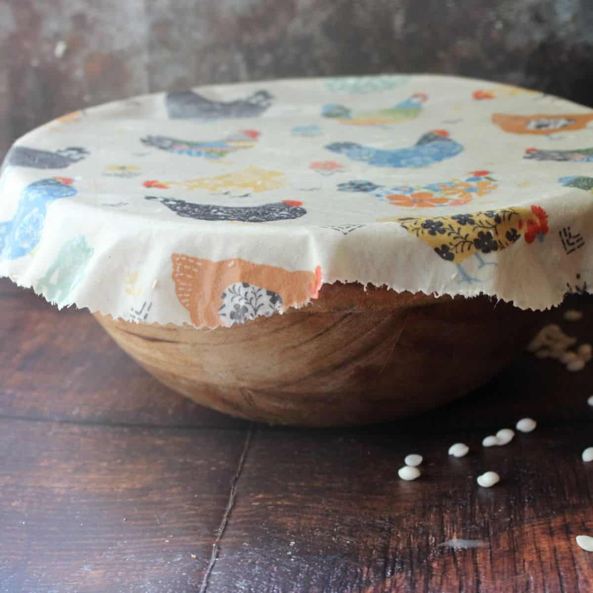 Beeswax wrap covering bowl.