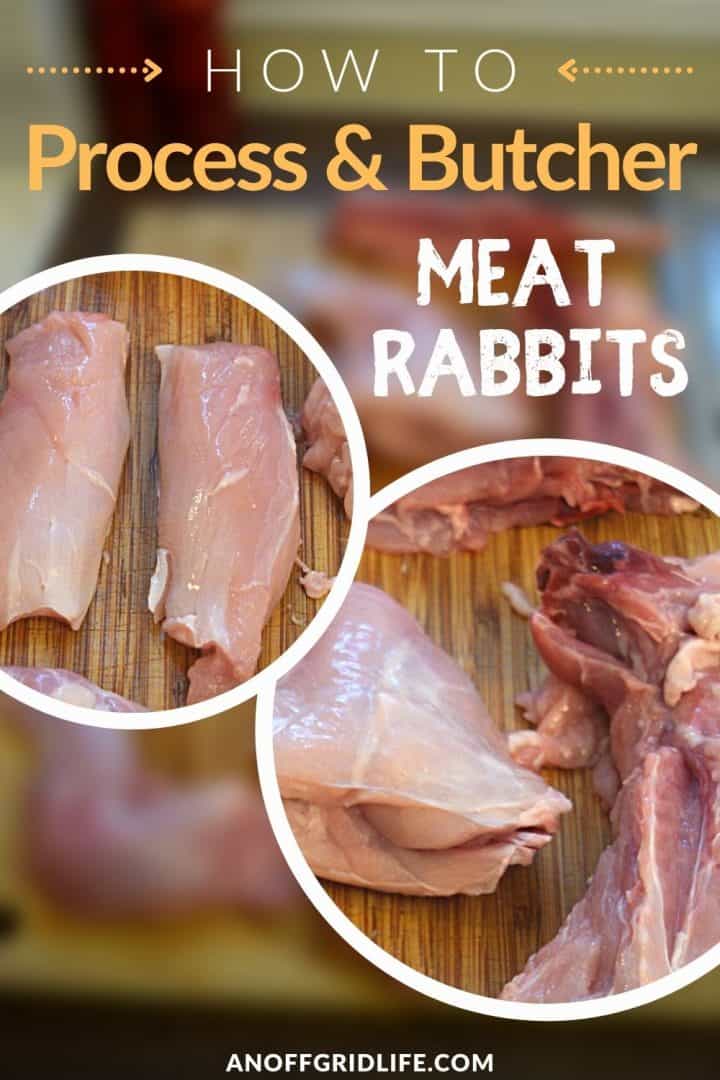 a pinterest image with two sub-pictures of different pieces of a rabbit, on a wooden cutting board. Text overlay "how to process & butcher meat rabbits"