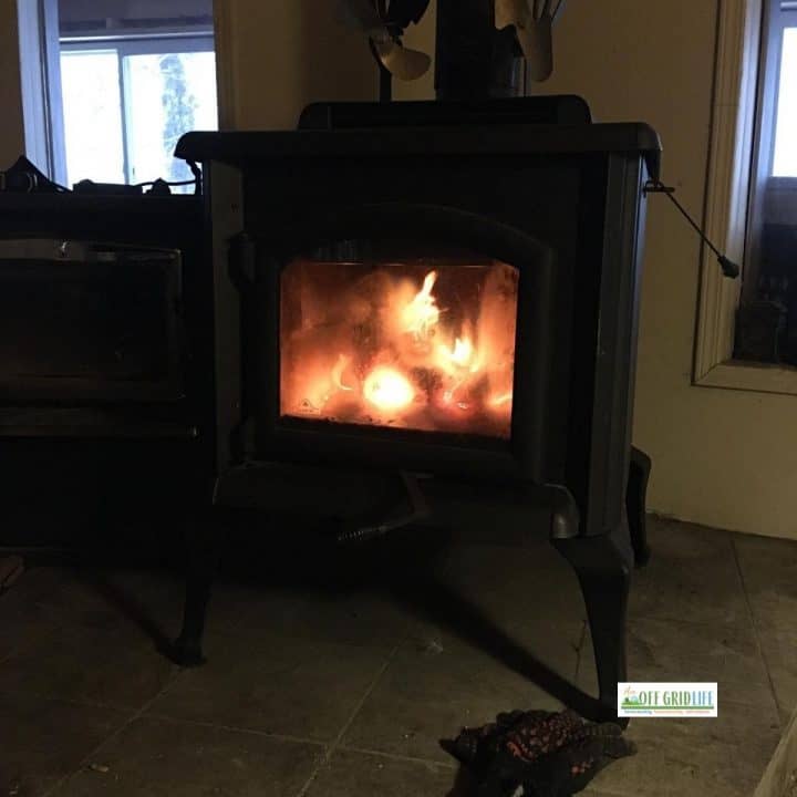 Our Roby wood stove in our living room at our off grid home
