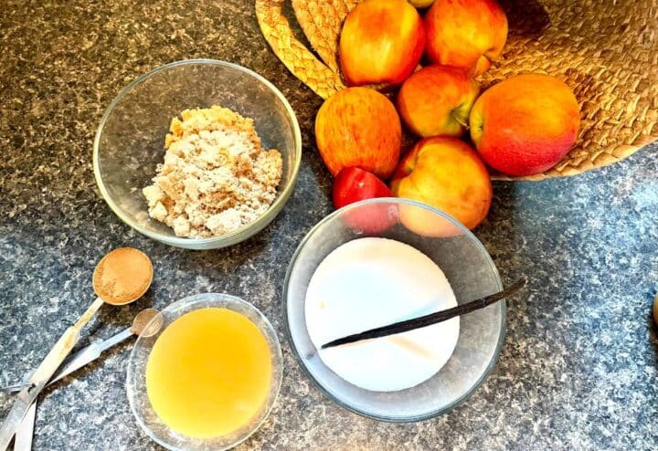 A bowl of oatmeal, apples and a spoon on a counter.