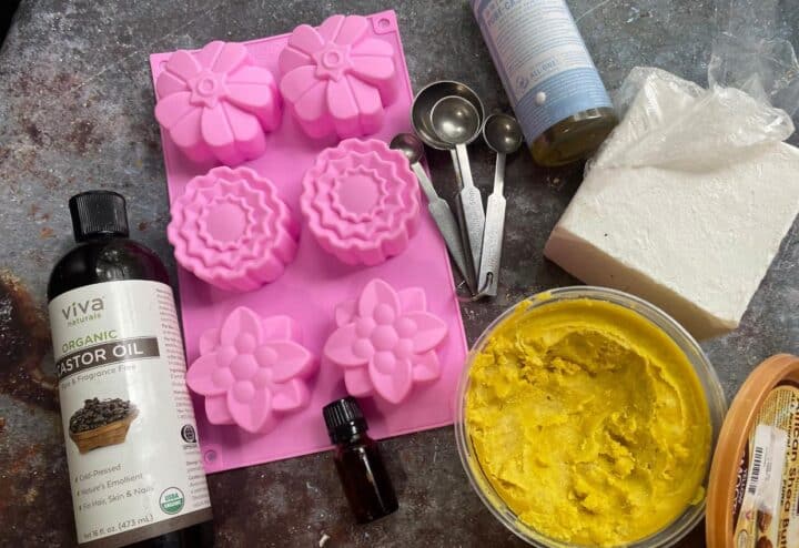 The ingredients for making DIY shampoo bars without lye.