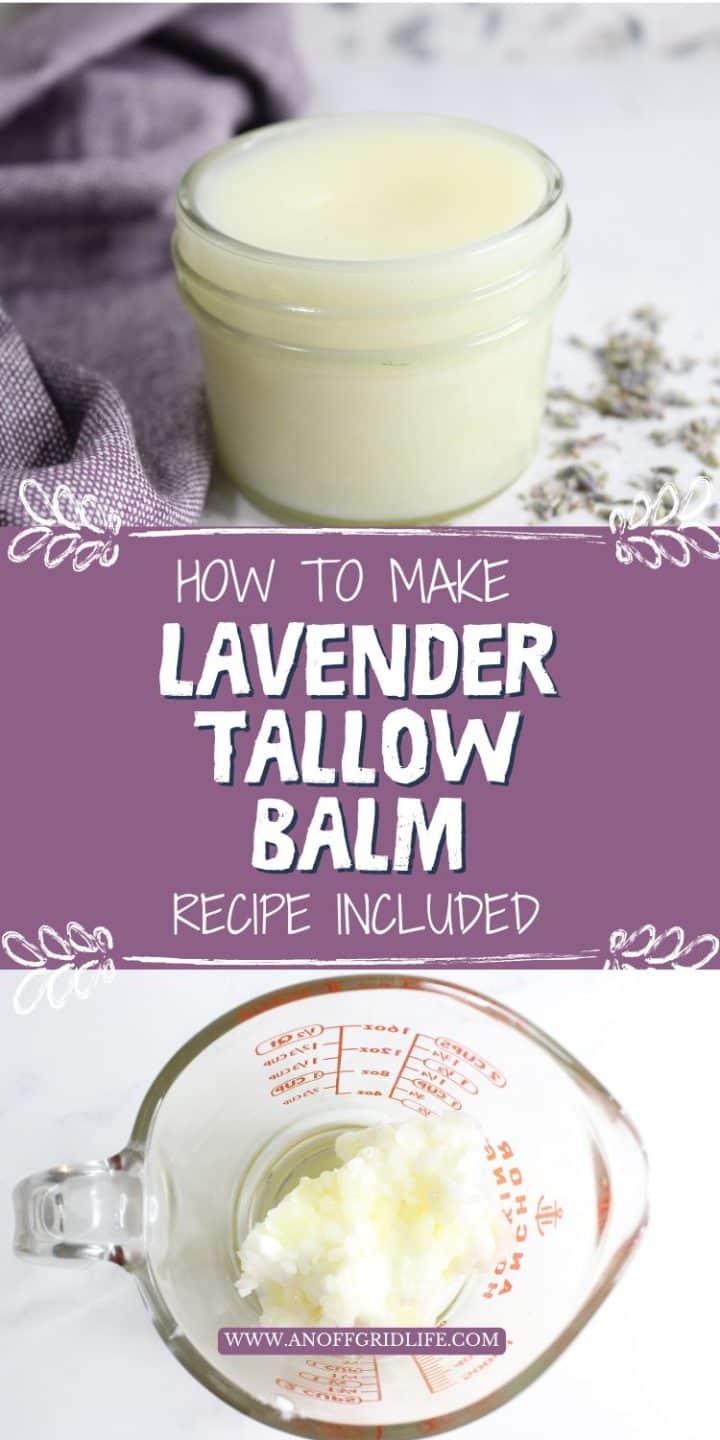 A jar of lavender tallow balm on a cloth, with a recipe card beneath. Nearby are lavender sprigs, and a measuring cup with ingredients.